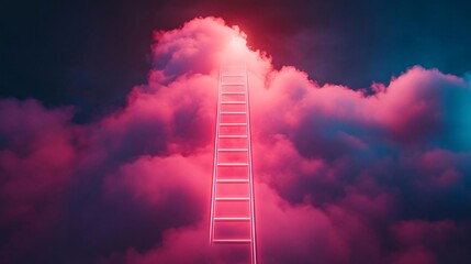 minimalist glowing ladder ascending into abstract clouds, symbolizing ambition, career growth, and endless opportunities with copy space