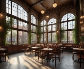 Obraz premium Richly decorated coffee shop interior with high ceilings and large windows, elegant, decor, large window