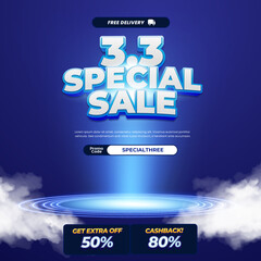 3.3 Special Shopping day Sale discount deals Editable text effect comic with mix Blue gradient Showcase spiral portal neon blue light promotional banner 