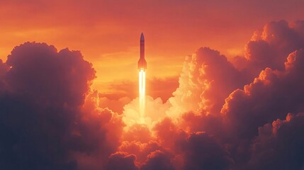 modern and innovative concept art of a glowing rocket soaring through abstract clouds, representing technology and advancement