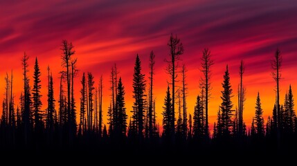A vibrant sunset silhouette of trees against a colorful sky.