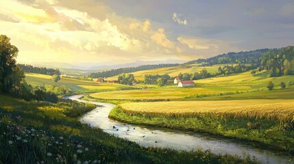 Obraz premium Serene Summer Sunset over Rolling Hills and River