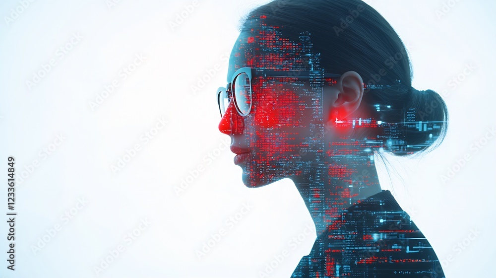 Aufkleber Digital Art of Woman's Profile Blending with Cybernetic Patterns Representing Tech-Driven Future : Generative AI