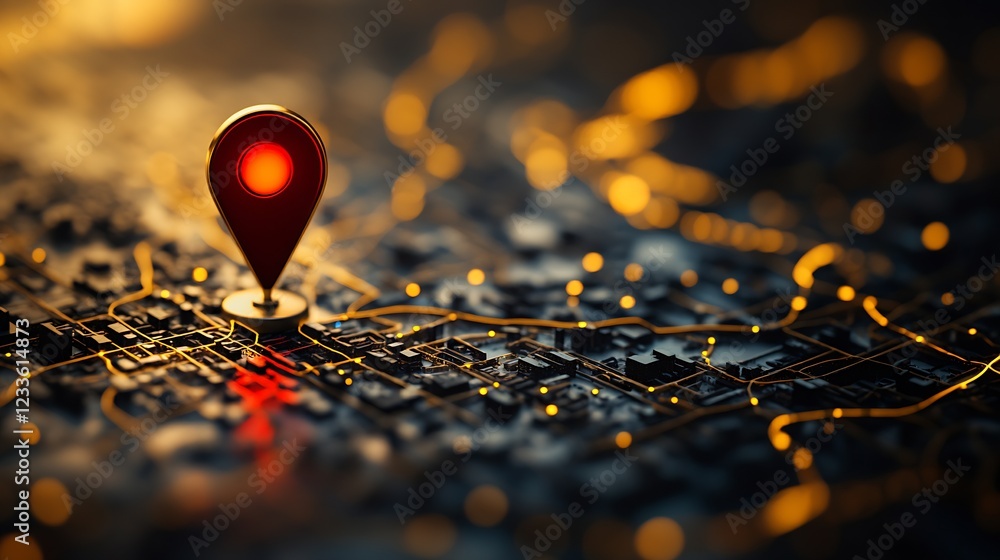 Poster 3D Geospatial Pin on Digital City Map with Illuminated Streets : Generative AI