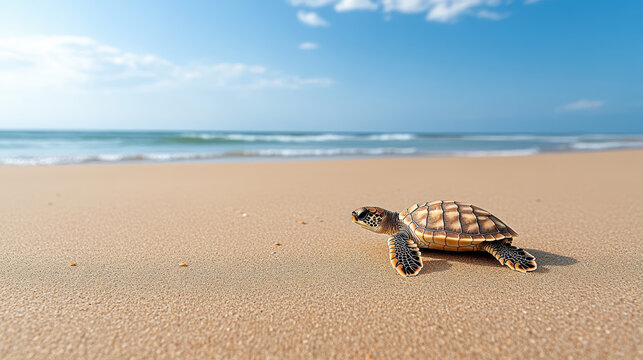 baby turtle crawling on sandy beach towards ocean under blue sky