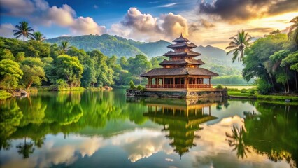 Naklejka premium Ancient, serene, and majestic temple surrounded by lush greenery and a tranquil lake , nature, ancient, nature