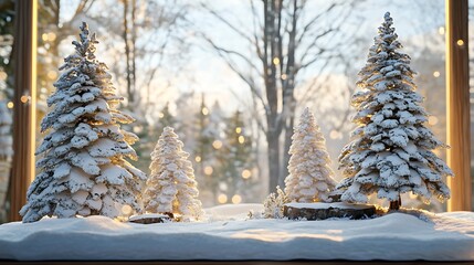 A serene winter scene with snow-covered trees and soft lighting, evoking a cozy atmosphere.