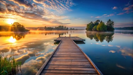 Fototapeta premium Wooden pier at sunrise over calm lake, serene water, outdoor landscape