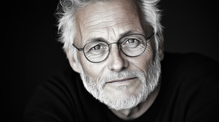 black and white portrait of wise elderly man with glasses and beard