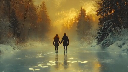 Fototapeta premium Couple Walking on Frozen Lake in Snowy Woodland Landscape