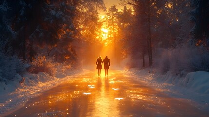Fototapeta premium Enchanting Couple s Winter Wonderland Stroll Through Glowing Forest Landscape