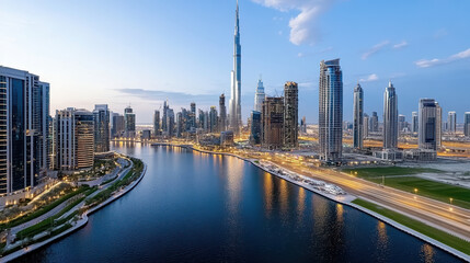 Obraz premium stunning aerial view of futuristic city skyline at dusk