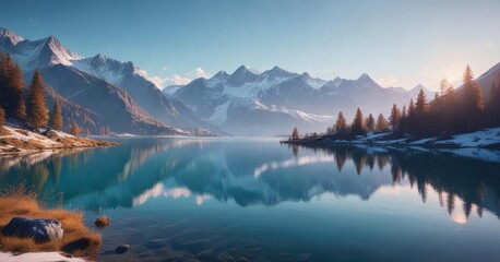 Soft blue gradient sky in the Alps with snow-capped mountains and a serene lake , serene landscape, cold sky, misty mountains