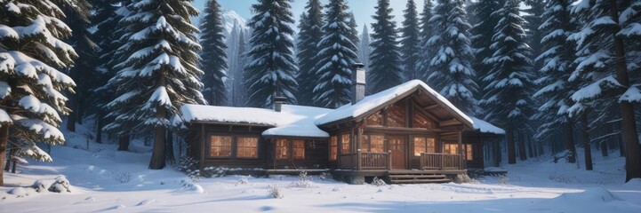 Fototapeta premium Snug cabin nestled among snow-covered evergreen trees, cozy cabin, winter wonderland, forest path