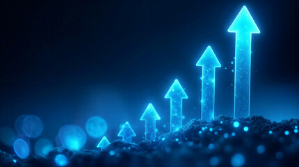 A futuristic financial growth concept with glowing arrows rising, symbolizing business success, economic growth, stock market trends, and digital finance. Perfect for financial marketing, investment f
