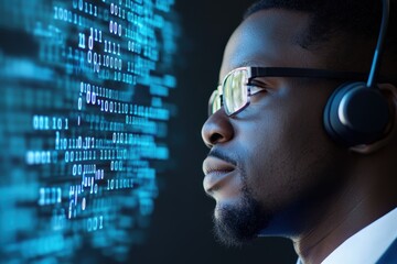 Focused Individual Analyzing Data with Headset Surrounded by Digital Matrix of Binary Code in Futuristic Environment Ideal for Technology and Innovation Themes