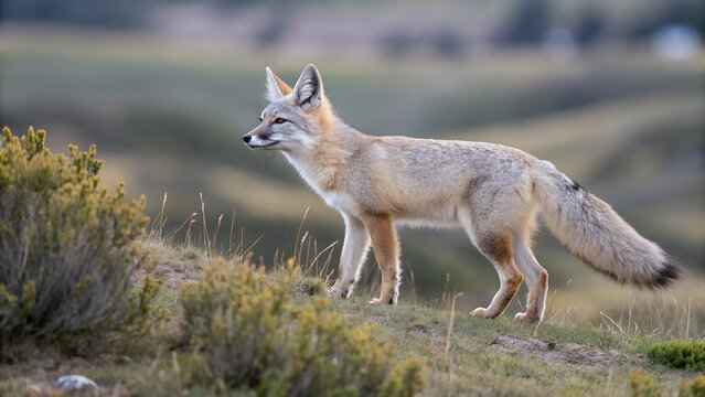A Corsac fox, its coat blending seamlessly with the surrounding grasslands.The fox's alert posture suggests a watchful presence in its natural habitat.