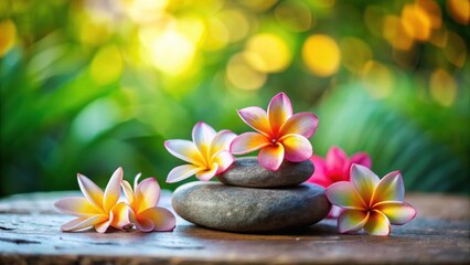 Serene Zen stone surrounded by vibrant frangipani flowers in a tranquil garden setting , nature, calm,  nature, calm, serenity