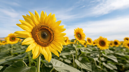 Fototapeta premium Bright sunflower field under clear blue sky, showcasing vibrant blooms