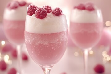 Pink dessert in glasses, topped with raspberries and cream. Festive and elegant treat, perfect for celebrations.