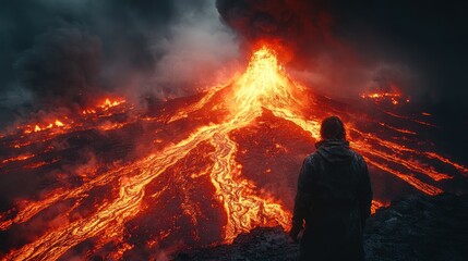 Witnessing the Fiery Spectacle: A lone figure observes the breathtaking eruption of a volcano, lava flows illuminate the night sky in a dramatic display of nature's raw power.