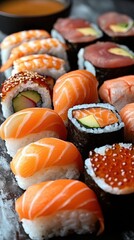 Assorted Sushi Selection on Dark Background