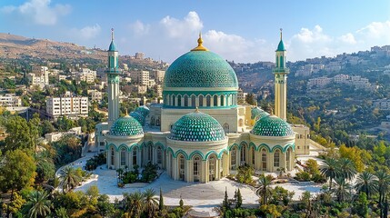 Obraz premium Majestic Mosque, Amman Hills, Jordan. Sunrise aerial view; travel, tourism