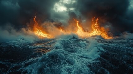 Fototapeta premium Fiery Ocean Apocalypse: A Dramatic Seascape of Volcanic Eruption and Tempestuous Waves