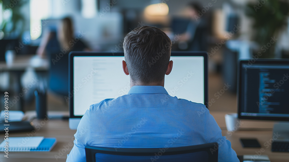 Poster focused programmer: a programmer sits intently at his desk, his back to the camera, deeply engrossed