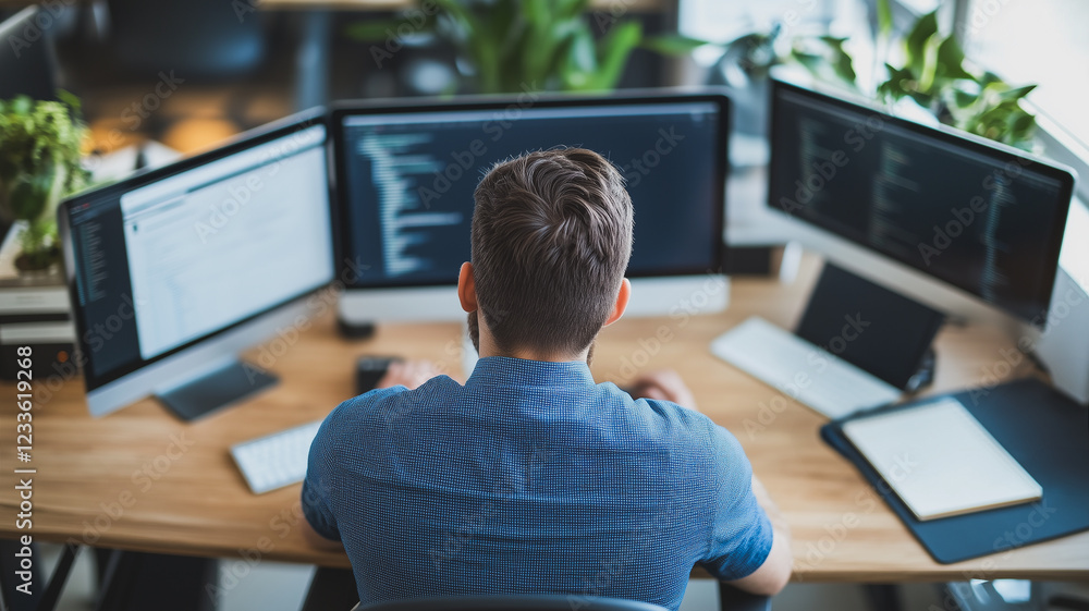 Poster focused on code: a programmer hunches over three monitors, fingers flying across the keyboard, immer