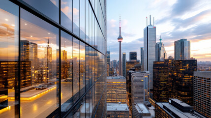 city skyline at dusk with skyscrapers shimmering in evening light