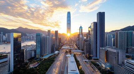 Obraz premium city skyline at dusk with skyscrapers shimmering in sunset glow