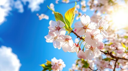 Obraz premium Beautiful Cherry Blossom Branch with Delicate Pink Flowers Against a Bright Blue Sky and Soft White Clouds