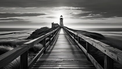 Enchanting Planked Passage to the Lighthouse on the Seashore During the Golden Hour at Dawn Timeless Beauty of the Coastline Illuminated in Warm Amber and Gold