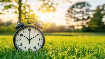 Alarm clock in grassy park, sunrise background.  Perfect for time management concepts