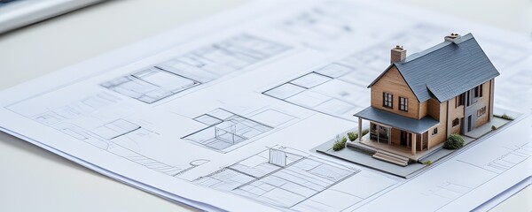 Dream Home Design: A miniature house model rests atop detailed blueprints, visualizing the future.