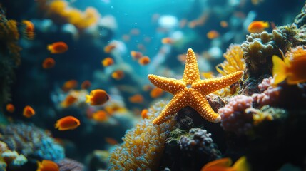 Underwater Paradise: A Golden Starfish Amidst Vibrant Coral Reef