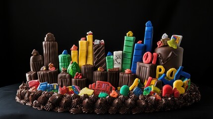A whimsical chocolate cityscape cake, a delightful confection celebrating a child's birthday, features colorful fondant buildings and playful decorations.