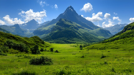 Fototapeta premium Majestic mountain peak, valley meadow, sunny day, clouds, travel postcard