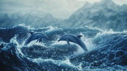 Obraz premium Two dolphins leap from ocean waves near mountains.
