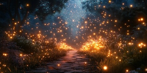 Naklejka premium Enchanted Forest Path: A Night of Fireflies