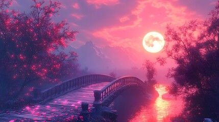 Obraz premium Enchanting Twilight Landscape with Wooden Bridge Reflecting in Serene River under Radiant Moon