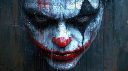 A menacing clown face with dramatic makeup and blood-like streaks, evoking fear and intrigue.