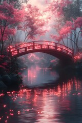 Enchanting Autumn Bridge Reflecting in Serene Pond Amid Vibrant Red Foliage