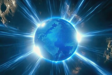 Obraz premium Glowing Earth, cosmic rays, space background, global connectivity, website header