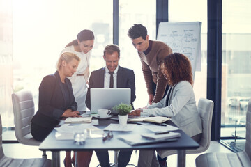 Happy, business and people on laptop in meeting of insurance agency, kpi and investment report. Staff, online research and review email of profit information, brainstorming idea and proposal solution