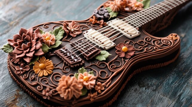 Chocolate guitar cake decorated with fondant flowers.