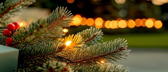 Festive Pine Branches with Warm Lights and Berries