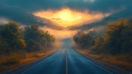 Fototapeta premium Mystical Sunrise Road: A Journey into the Golden Mist