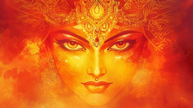 Chaitra Navratri poster painting, Goddess Durga's face in a full expression of courage and serenity, her sharp eyes shining with gold ornaments adorning her forehead